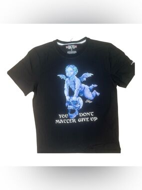 Sz M BKYS Black Graphic Tee with Blue Cherub Print